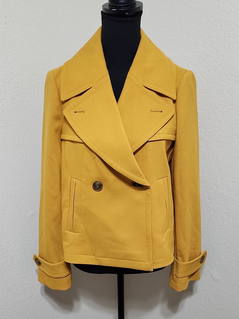Ann Taylor Mustard Yellow Short Trench Jacket Pea Coat Sz 4 Double Breasted